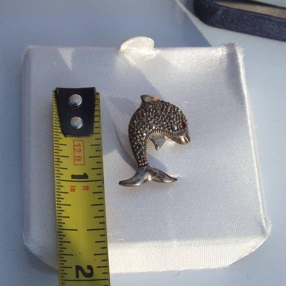 Sterling Silver Dolphin Brooch With Red Gem Eye and Storage Box, Silver Accents - Picture 5 of 7